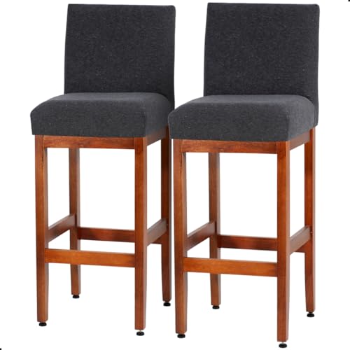 Kit 2 Banqueta Para Cozinha De Madeira Maciça Eucalipto Alta Estofada Tecido Linho Para Bancada Mont