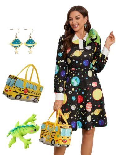 Image of Womens Long Sleeve Peter Pan Collar Aline Dress for Halloween Role Play Party Teacher Costume with Bus Bag