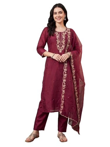 Image of INDO ERA Women's Silk Blend Embroidered Thread Work Kurta & Pant with Dupatta Set | Suit Set For Women