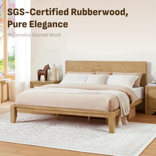Image of Softa Mikor King Japanese Joinery Bed Frame with Headboard, Solid Rubberwood, 1500 Lbs Heavy Duty Slats Support, SGS Certified, No-Tool Setup, Hidden Storage, USB-A /C Port, No Box Spring Needed