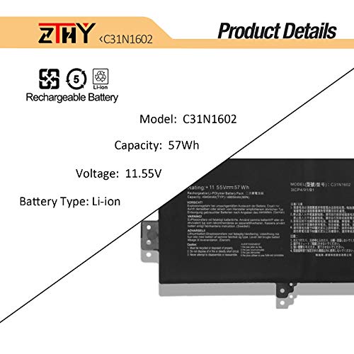 Zthy C31N1602 Laptop Battery Replacement For Asus Zenbook U3000U Ux330 Ux330U Ux330Ua Ux330Uak Ux330Ua-1A Ux330Ua-1B Ux330Ua-1C Ux330Ua-Fb018R Fb161T Series C31N16O2 0B200-02090000 11.55V 57Wh #TOP2