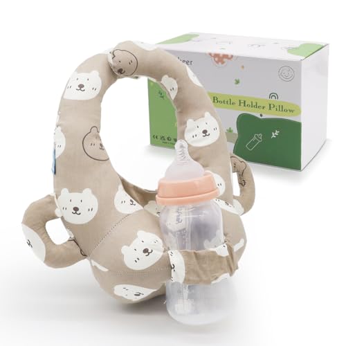 vocheer Baby Bottle Holder Hands Free, Self Feeding Infant Bottle Propper, Twin Baby Essentials, Portable Support Pillow for Newborns,Cotton, Brown Bear