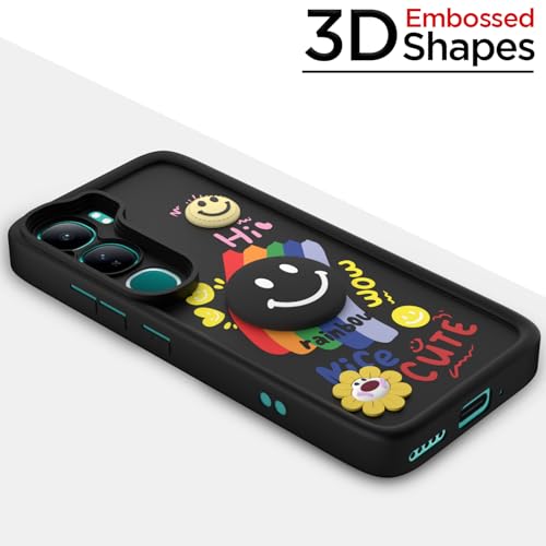 Image of Pikkme Back Cover for Vivo Y300 5G / Vivo V40 Lite 5G | Soft Silicone| Cute Rainbow Smile & 3D Cartoon Flower Design | Shockproof Raised Camera Protection Bumper Case (Black)