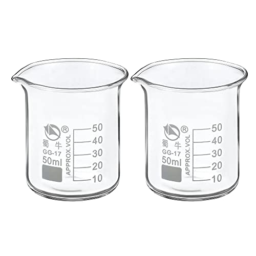 Image of PATIKIL 50ml Low Form Glass Beaker, 2 Pack 3.3 Borosilicate Glass Graduated Printed Scale Measuring Cups with Spout for Kitchen Lab Liquids Transit Boiling