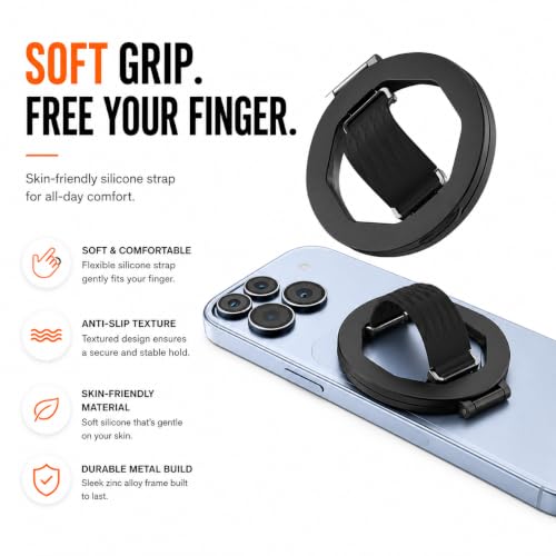 Image of Mizi Magnetic Phone Grip, Phone Finger Loop Holder with Kickstand, Foldable Ring Grip, Compatible with Mag Safe iPhone 12-18, Includes Magnetic Adapter Ring for All Phones - Black