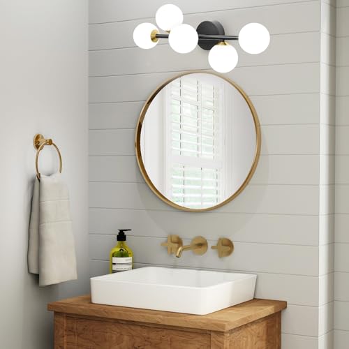 Bathroom Vanity Lights, 5-Light Black and Gold LED Bathroom Light Fixtures, Mid Century Modern Dimmable LED Bathroom Lights Ceiling Light, Wall Sconces Wall Lights with Frosted Milk Glass, 3000K by artmoonlight - Image 8