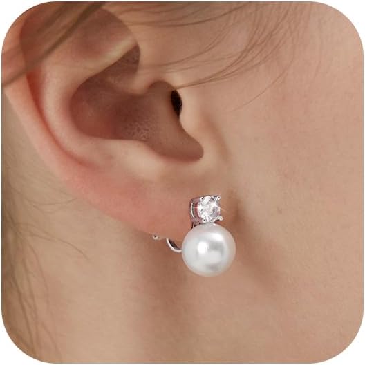 Awinesn Pearl Clip on Earrings for Women 14K Gold Silver Plated Pearl Earrings Cubic Zirconia Non Pierced Earrings for Women Jewelry Gifts Wedding Party