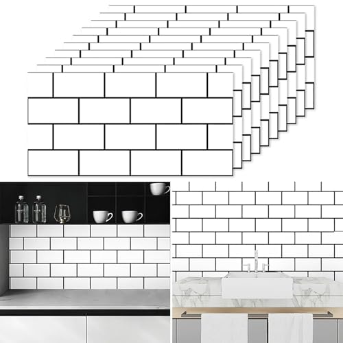 Tarwanear Marble Tile Stickers 60 x 30cm 10PCS Self Adhesive Wall Tiles Bathroom Waterproof Peel and Stick Wall Moulding Panels PVC Stick on Tiles for Home Decor Kitchen Backsplash,Brick Pattern