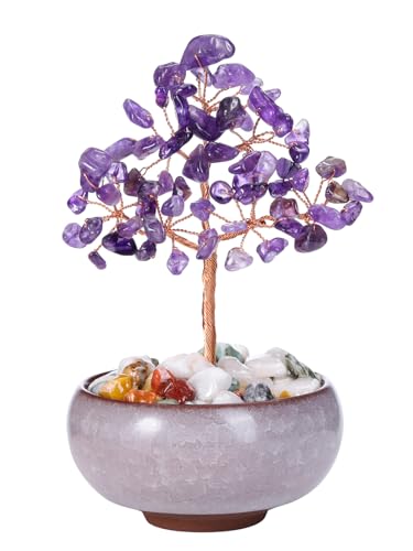 Jovivi 7 Chakra Albero della Vita Soprammobile Decorativo Bonsai Albero della Fortuna in Pietre e Cristalli con Ciotola Ceramica Feng Shui Albero Artificiale Portafortuna Reiki Guarigione - Ametista