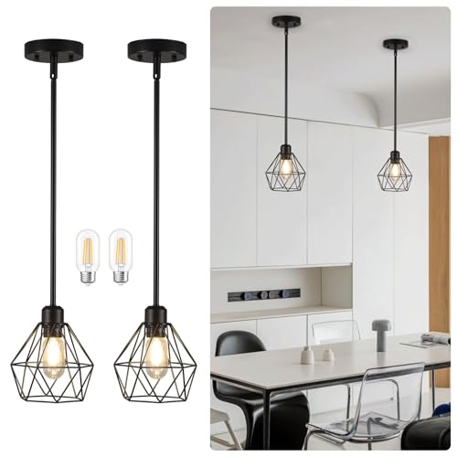 QHANTOMIZE 2 Pack Black Pendant Lights Kitchen Island, Modern Farmhouse Hanging Light Fixture with Metal Cage Shade, Industrial Pendant Light for Kitchen Dining Area Entryway, Adjustable Height