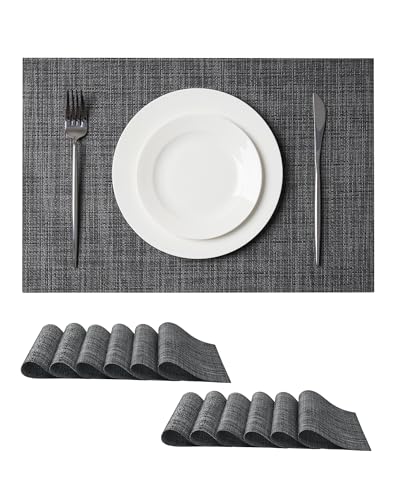 Leetaltree Black and Grey Woven Placemats Set of 12 - Heat Resistant Non-Slip Place mats for Dining Table, Washable Durable PVC Vinyl Woven Table Mats(Black & Grey, 12)