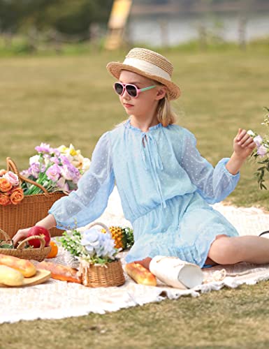 Girls Dresses Size 10-11 Blue Dress For Girls V Neck Tie Front Kids Dress Long Sleeve Swiss Dot Knee Length Dress Flowy Chiffon Dress Cute A-Line Girls Spring Summer Dresses Casual Girl Dress #TOP7