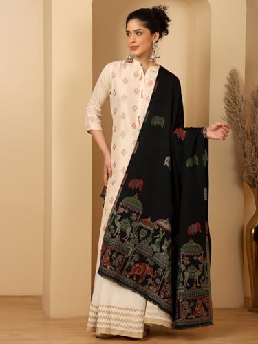 Image of tweedle Women's Ethnic Mahotsav Design Zari Shawl, Faux Wool Stole /Scarf for Ladies, Size - 40 x 80 inches
