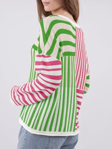 Womens Sweaters Crewneck Oversized Long Sleeve Striped Color Block Loose Knit Colorful Pullover Tops4
