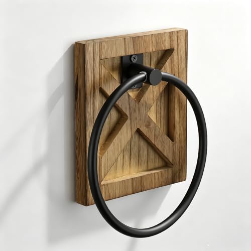 Image of SUNTECH Farmhouse Towel Ring, Wall Mount Hand Towel Holder with Wooden Base | 180 Swivel Design, Matte Black Metal, Rust & Moisture Resistant, Screw Mounting, for Bathroom, Kitchen, Laundry Room, RVs