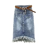 jeansrock mit spitze nähen Material: Baumwolle Pegsmio Burr Jeansrock Mit Fransen Für Damen Sommer Retro Hohe Taille Schlankheitsröcke Mittellange Büro Etuiröcke
