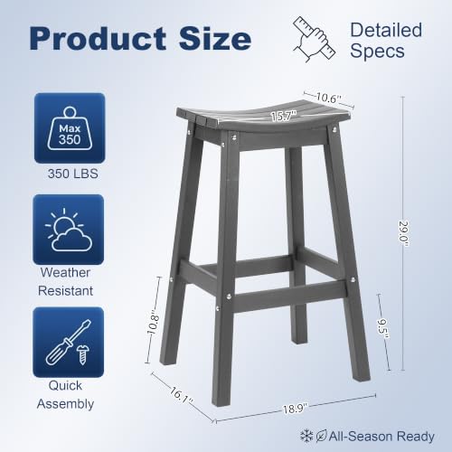 AMILY HDPE Bar Stool Set of 2, Outdoor Bar Height 29‘’, Heavy Duty All-Weather Patio Stool for Poolside, Backyard, Balcony, Easy Assembly (Grey) by AMILY - Used condition - Image 3