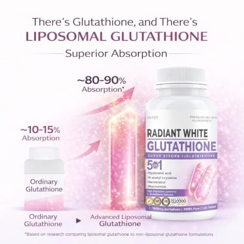 Image of Hayer Glutathione Supplements - Liposomal Glutathione Tablets Skin health Support 1000mg, 5-in-1 with Hyaluronic Acid & NAC, 120 Veg Tablets
