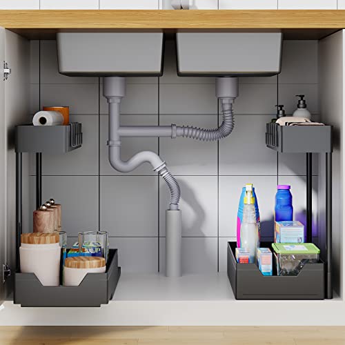 2 Pack Under Sink Organizers And Storage, Uinofle 2 Tier Sliding Cabinet Organizer Drawer With 8 Hooks Adjustable Depth Pull Out Cabinet Organizer Multi-Purpose Organizer For Bathroom Kitchen (Black) #TOP1