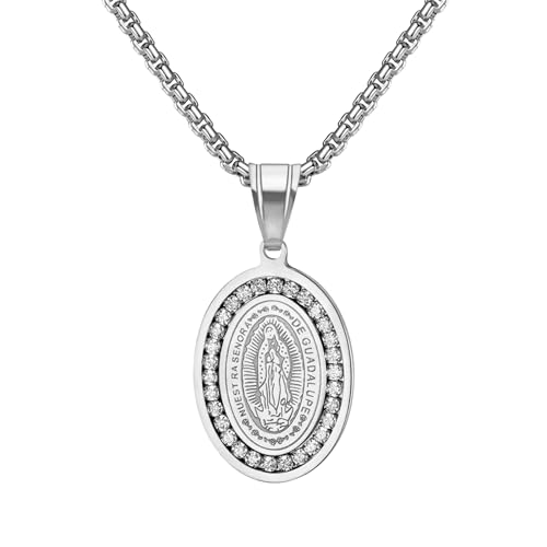 OIDEA Collar Virgen María Unisex: Colgante Plata Virgen de Guadalupe de Acero Inoxidable Circonita para Hombre Mujer Amuleto Medalla Hipoalergénico Joyería Cristiana - Para Rezar Uso Diario Regalo