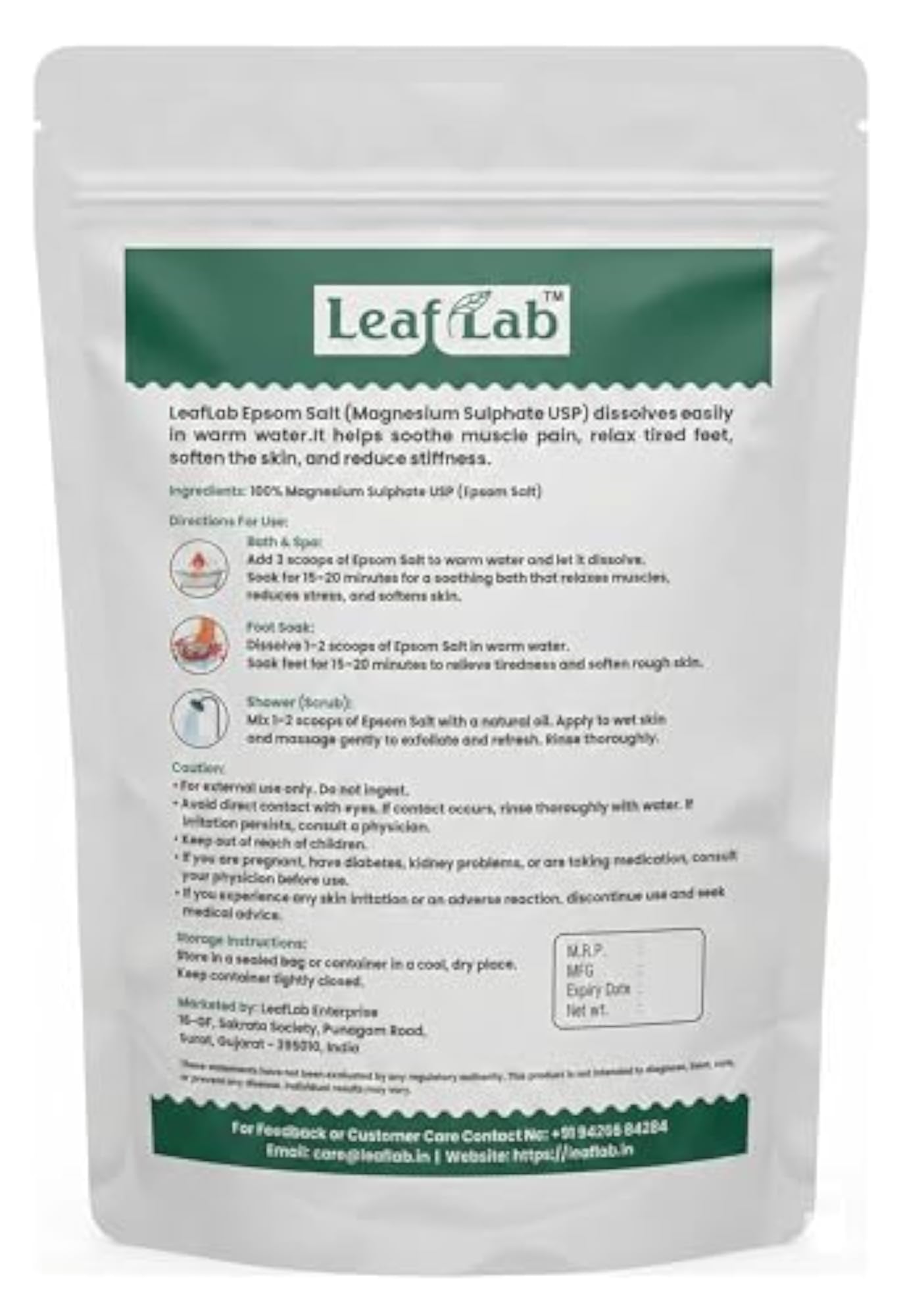 LeafLab Epsom Salt 1 Kg for Bath, Foot Soak & Body Scrub