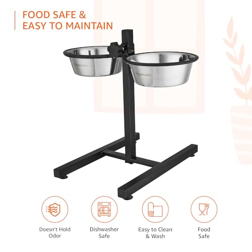 Image of Amazon Basics Adjustable Double Diner for Pet Food and Water | 1500 ml Each | Two Removable Stainless Steel Bowls | Cat and Dog Food Bowl | Adjustable Height | Extra Rubber Support | H-Base