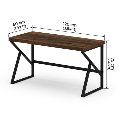 Image of Modern Industrial Study Table for Home & Office | Wooden Computer Desk with Strong Metal Frame | Writing Desk | Office Table | Rustic Brown | 120 x 60 x 75 cm