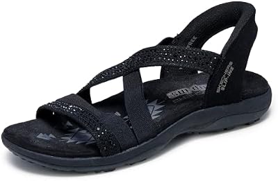 Skechers Women's REGGAE SLIM Summer Sparkle Hands-Free Slip-In Jeweled Stretch Knit Sandal – Black