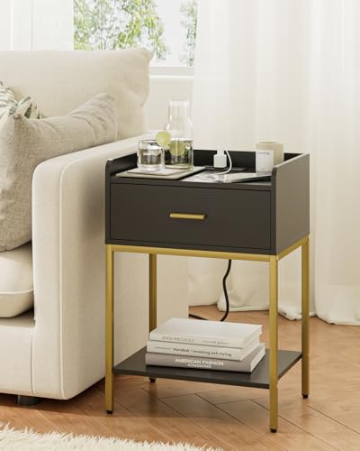 Image of Masupu Nightstand with Charging Station,3-Tier Modern Bedside Night Stand with Storage Drawer and Shelf,Small End Side Table for Bedroom,Living Room,Gold and Black