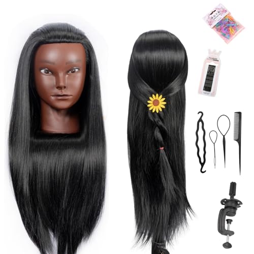 LJSMJF Mannequin Head with Hair, Doll Head for Hair Styling Training Head Manikin Practice Cosmetology Doll Head Styling Hairdressing Training Braiding Heads with Clamp Holder (black)