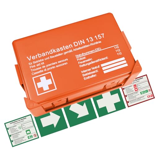 Betriebsverbandskasten DIN 13157:2021, Erste Hilfe Koffer mit Wandhalterung, Verbands-Kasten gemäß ASR, inkl. Notrufnummer, HierBeiDir