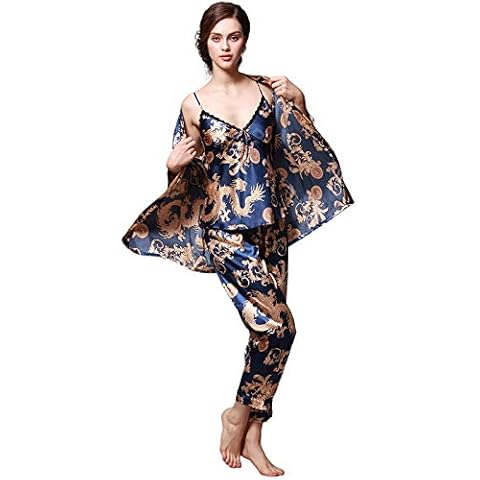 ZZJCY Chinese Dragon Pyjamas, Women Nightwear Set for Ladies, Sexy Long Sleeve Satin Loungewear 3Pcs, Sleepwear Top, Pants And Camisole,blue,L Cover