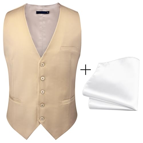GUSLESON Men's Suit Vest and Pocket Square Set Business Formal Dress Waistcoat Vest with 3 Pockets2