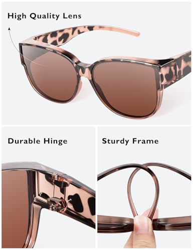 Polarised Fit Over Glasses Sunglasses for Women UV Protection, Trendy Oversized Square Wrap Around Shades for Driving(Amber Leopard,Brown) - Image 5
