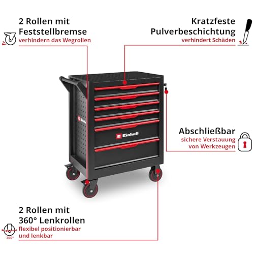 Original Einhell Werkstattwagen leer (6 Schubladen, Interlock-System, kugelgelagerte Führungsschienen, belastbar bis 135 kg, mobil mit Feststellrollen)