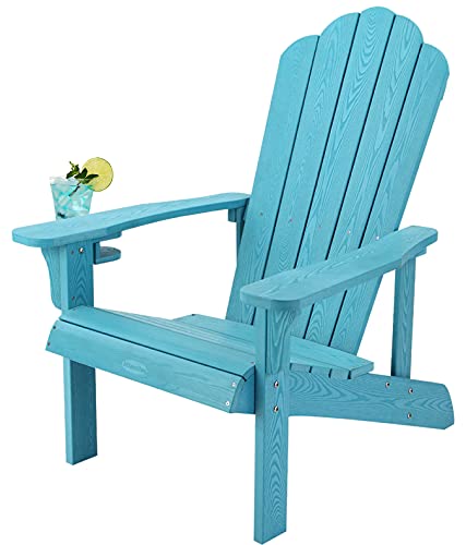 hOmeHua Adirondack Chair Weather Resistant, Hard Plastic Adirondack Chair with Cup Holder, Comfortable Easy to Assemble and Maintain, Outdoor Chair for Patio, Backyard Deck, Fire Pit - Lake Blue