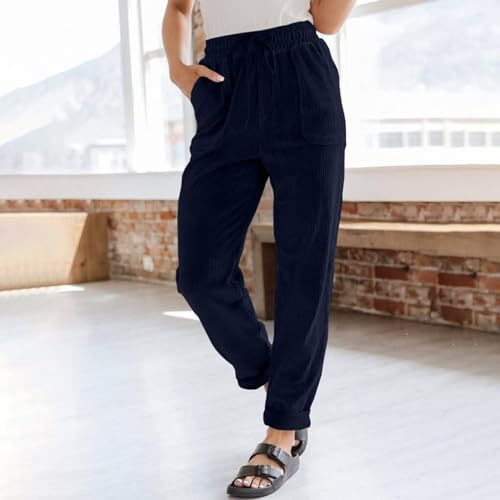 Fall Pants for Women 2025 Elastic Waist Straight Leg Corduroy Pants Drawstring Pull On Lounge Pant Stretch Trousers2