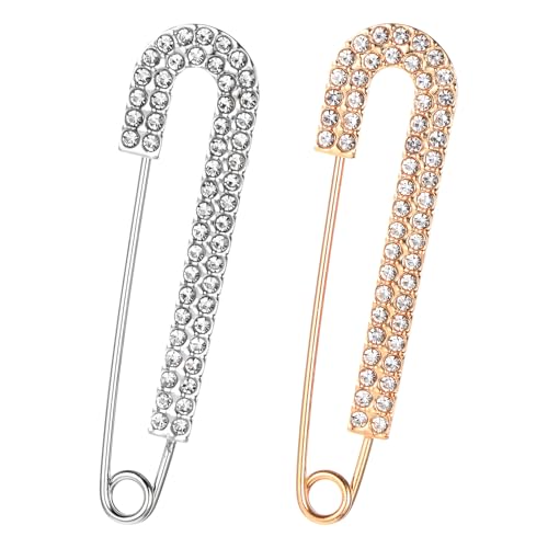 2 PCS Rhinestone Safety Pin Brooch, Decorative Pins for Clothing Decorative Safety Pins for Clothing, Silver and Gold Safety Pins Large Crystal Metal Elegant Shawl Clips for Women Skirts Scarf Shirt