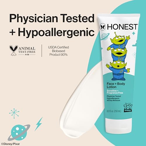 Image of The Honest Company Moisturizing Face + Body Lotion, Fast Absorbing, Dermatologist Tested, Hypoallergenic, Disney and Pixar's Toy Story, Sensitive Fragrance Free