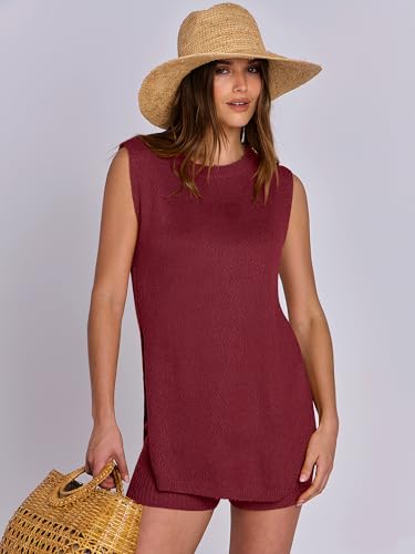 Image of ANRABESS Women Summer 2 Piece Outfits Sleeveless Knit Sweater Top & Shorts Soft Lounge Sets Travel Beach 2026 Spring Clothes Burgundy Small