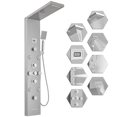 Bathfinesse Shower Panel Tower System, 6-Function Faucet Rain Massage System with Body Jets, Wall Mount Shower Stainless Steel, Brushed Nickel and Chrome