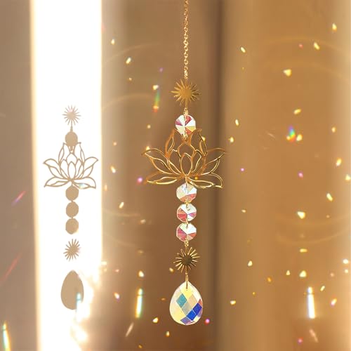 Attrape-soleil en forme de fleur de lotus avec prisme en cristal - Carillon en verre dans un cadre en laiton pour décoration de fenêtre, attrape-lumière pour la maison, le bureau et la voiture - Idée