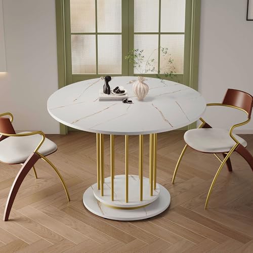 SUKY Tavolo da pranzo rotondo con effetto marmo, design moderno con struttura in metallo, tavolo da cucina salvaspazio per 2-4 persone, perfetto per sala da pranzo o soggiorno, 110 × 110 × 74,6 cm