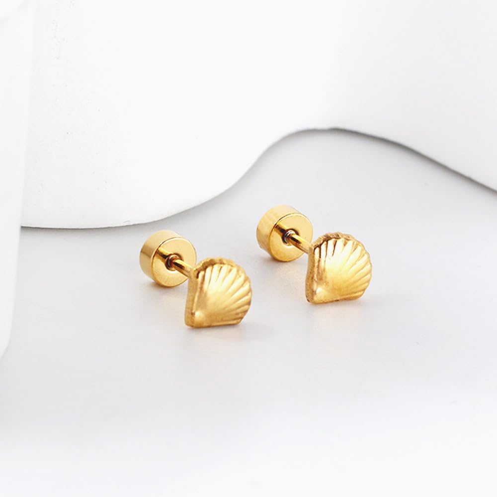 20G Shell Seashore Screw Back Small Stud Earrings for Women Minimalist 14K Gold Plated Surgical Steel Seashell Cartilage Tragus Piercing Sleeper Studs Hypoallergenic for Sensitive Ears Gift
