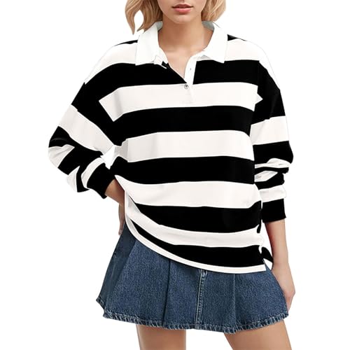 Women's Oversized Striped Sweatshirt Long Sleeve Rugby Collared Pullover Tops Loose Fit Shirt Mock Top (Black, L)