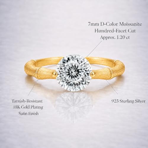 Dellyrica Certified 1.2ct Round Moissanite Solitaire Ring for Women (#6) | 18K Gold-Plated 925 Silver, Tarnish-Resistant Satin Finish, 100-Facet D-Color VVS1 Moissanite, Promise Birthday Jewelry Gift — view 4