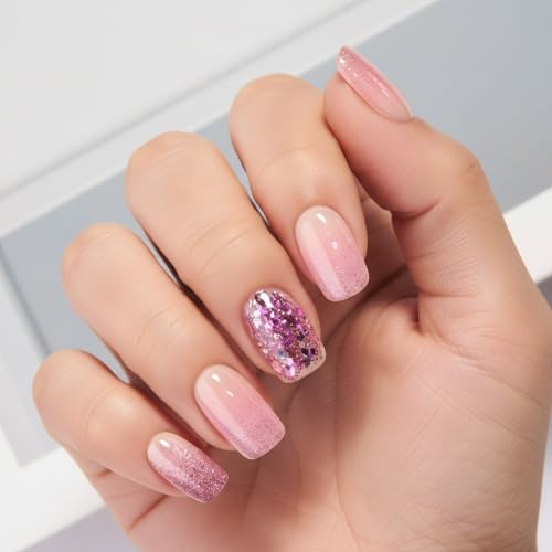Curvlife Press On Nails Pink Diamond Acrylic Short Fake Nails Design Stick On Nails Tips, Glue On Nails False Nails For Women Nail Kit