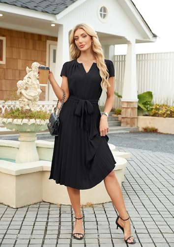 Image of ECOWISH Womens Casual Midi Dresses Solid V Neck Short Sleeve Button Shirt Belted Dress with Pockets for Spring Summer 2026