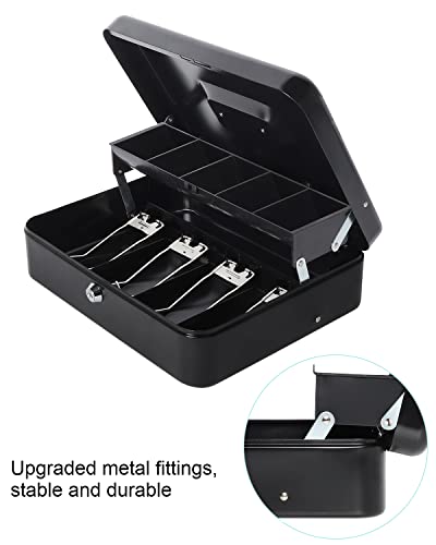 Cash Box With Money Tray And Lock, Large Money Box For Cash, 5 Compartments, 4 Spring-Loaded, Money Safe With Security Cable, Black #TOP6