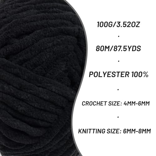 Image of 2 Pack Fluffy Chenille Yarn for Crocheting, Chunky Velvet Yarns for Crochet Amigurumi, Baby Yarn for Crocheting Soft Blanket, 174.9yds /7 oz Bulky Yarns for Crafts /Hats /Shoes /Socks (2 Black)